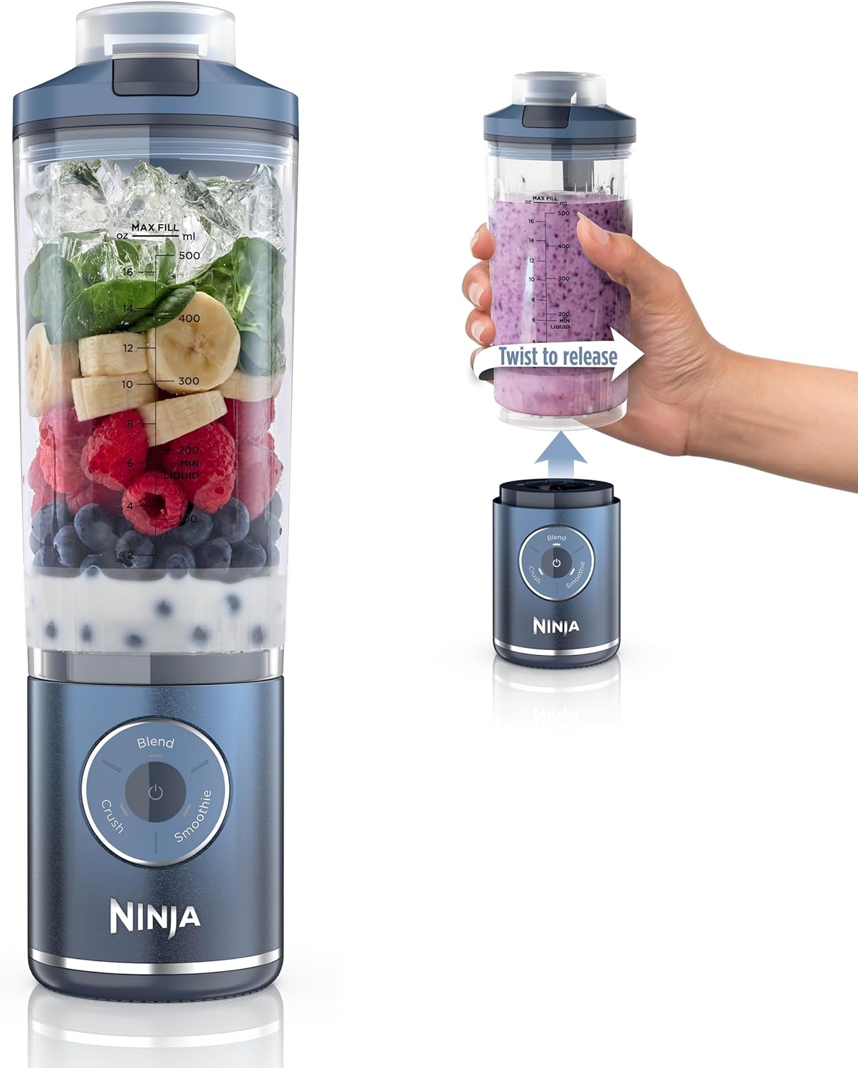 Ninja Blast Max, liquidificador portátil + Twist & Go, Smoothie pessoal, blend, Ice Crush, 3 programas, sem fio, recipiente removível de 623 g, pode ser lavado na lava-louças, à prova de vazamento